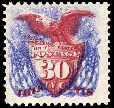 Values of US Stamps Scott Catalogue #131: 1875 30c Pictorial Re-issue Shield Eagle Flags. Cherrystone Auctions, Jan 2009, Sale 200901, Lot 136