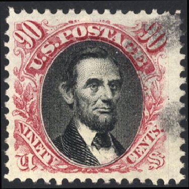 US Stamp Values Scott Catalogue # 132 - 90c 1875 Pictorial Re-issue Lincoln. Cherrystone Auctions, May 2008, Sale 200805, Lot 167