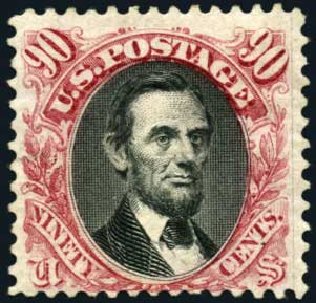 Prices of US Stamp Scott Cat. #132 - 1875 90c Pictorial Re-issue Lincoln. Harmer-Schau Auction Galleries, Oct 2008, Sale 79, Lot 108