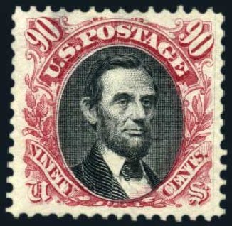 US Stamp Price Scott Cat. #132 - 90c 1875 Pictorial Re-issue Lincoln. Harmer-Schau Auction Galleries, Feb 2009, Sale 80, Lot 1158