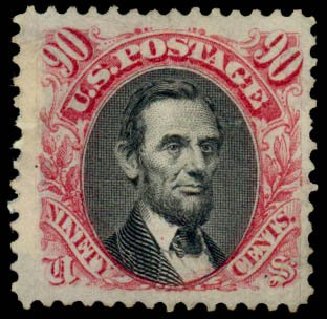 Price of US Stamp Scott Cat. 132 - 1875 90c Pictorial Re-issue Lincoln. Daniel Kelleher Auctions, Dec 2013, Sale 640, Lot 148
