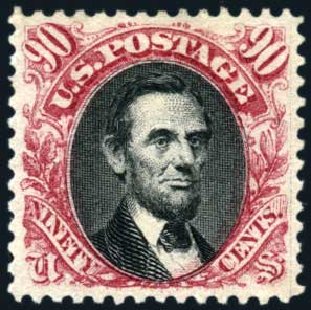 Price of US Stamps Scott Catalog #132 - 90c 1875 Pictorial Re-issue Lincoln. Harmer-Schau Auction Galleries, Oct 2009, Sale 83, Lot 369