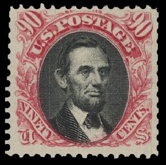 US Stamps Value Scott Catalog #132 - 90c 1875 Pictorial Re-issue Lincoln. Daniel Kelleher Auctions, Aug 2012, Sale 631, Lot 829