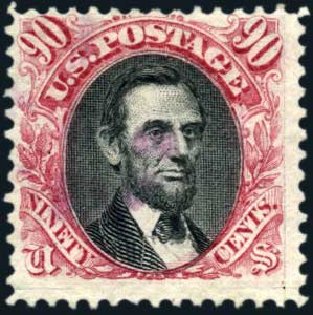 Costs of US Stamps Scott Cat. #132 - 1875 90c Pictorial Re-issue Lincoln. Harmer-Schau Auction Galleries, Oct 2009, Sale 83, Lot 370