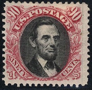 US Stamp Prices Scott Catalog # 132 - 90c 1875 Pictorial Re-issue Lincoln. Cherrystone Auctions, Jan 2008, Sale 200801, Lot 1121