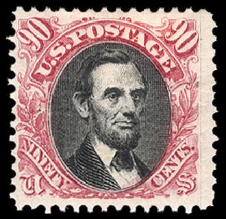 Price of US Stamps Scott Cat. 132: 90c 1875 Pictorial Re-issue Lincoln. Cherrystone Auctions, Jan 2010, Sale 201001, Lot 101