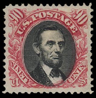 Values of US Stamps Scott Cat. #132 - 90c 1875 Pictorial Re-issue Lincoln. Daniel Kelleher Auctions, Apr 2012, Sale 629, Lot 211