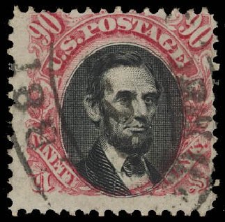 Values of US Stamps Scott 132 - 90c 1875 Pictorial Re-issue Lincoln. Daniel Kelleher Auctions, Aug 2012, Sale 631, Lot 831