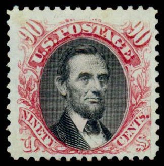 Value of US Stamp Scott Catalog 132 - 90c 1875 Pictorial Re-issue Lincoln. Daniel Kelleher Auctions, Sep 2013, Sale 639, Lot 3244