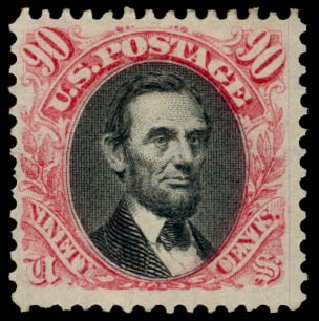 Cost of US Stamps Scott Catalog # 132 - 1875 90c Pictorial Re-issue Lincoln. Daniel Kelleher Auctions, Mar 2014, Sale 648, Lot 2074