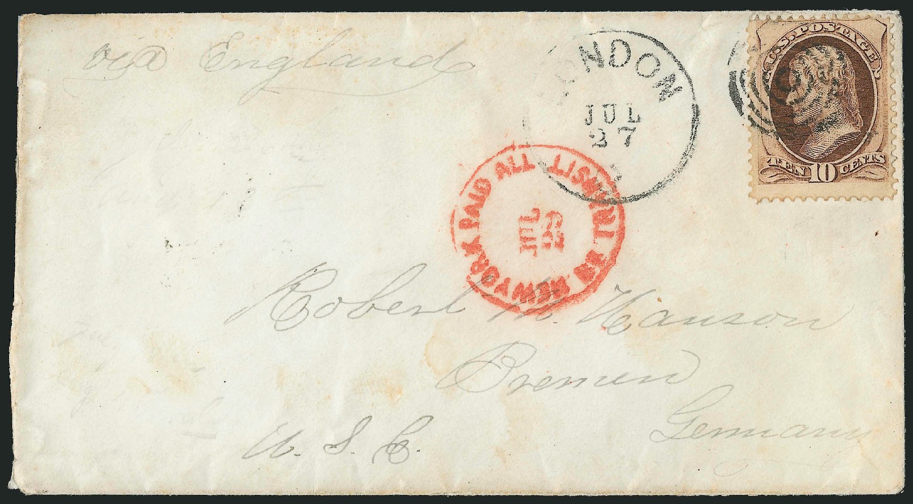 US Stamps Values Scott Catalog # 139: 1870 10c Jefferson Grill. Robert Siegel Auction Galleries, Nov 2014, Sale 1084, Lot 3377