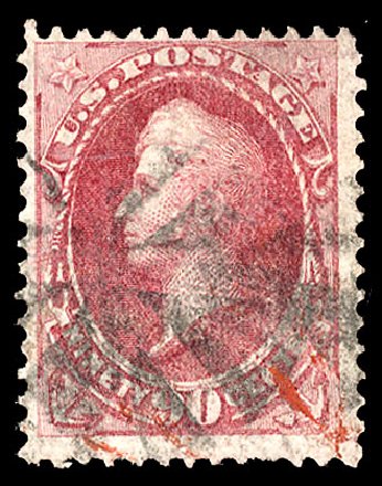 Values of US Stamps Scott Cat. #144: 90c 1870 Perry Grill. Cherrystone Auctions, Nov 2013, Sale 201311, Lot 28