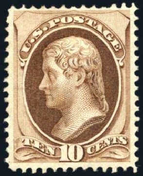 US Stamps Prices Scott Catalog #150 - 1870 10c Jefferson Without Grill. Harmer-Schau Auction Galleries, Aug 2011, Sale 90, Lot 1310