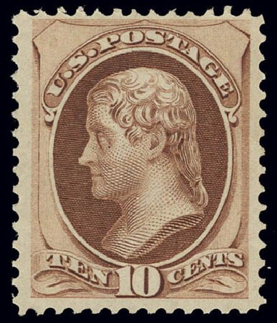 US Stamps Value Scott Catalogue # 150 - 1870 10c Jefferson Without Grill. Daniel Kelleher Auctions, Feb 2013, Sale 634, Lot 121