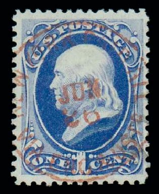 US Stamps Prices Scott #156: 1c 1873 Franklin Continental. Matthew Bennett International, Dec 2007, Sale 323, Lot 383