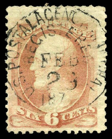 US Stamp Values Scott Catalog # 159: 6c 1873 Lincoln Continental. Matthew Bennett International, Mar 2011, Sale 335, Lot 124
