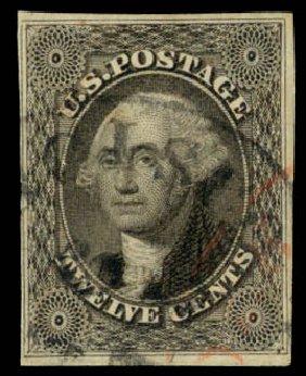 US Stamps Values Scott 17: 1851 12c Washington. Daniel Kelleher Auctions, Dec 2013, Sale 640, Lot 53