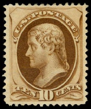 US Stamp Value Scott Catalog # 187: 10c 1879 Jefferson. Daniel Kelleher Auctions, May 2014, Sale 653, Lot 2132