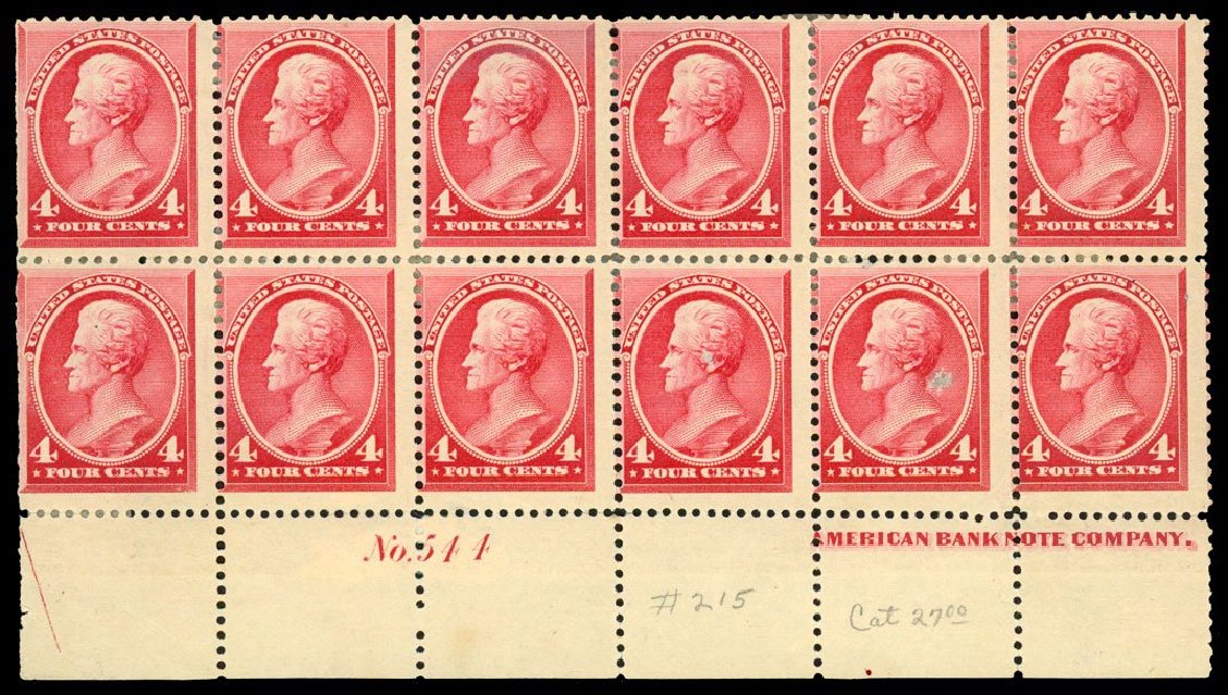 Value of US Stamps Scott Catalogue 215 - 1883 4c Jackson. Daniel Kelleher Auctions, Dec 2013, Sale 640, Lot 175