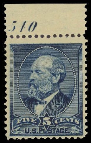 US Stamp Value Scott Catalogue # 216: 5c 1883 Garfield. Daniel Kelleher Auctions, Dec 2013, Sale 640, Lot 176