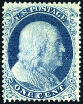 Values of US Stamp Scott Catalog # 22 - 1c 1857 Franklin. Harmer-Schau Auction Galleries, Oct 2009, Sale 83, Lot 319