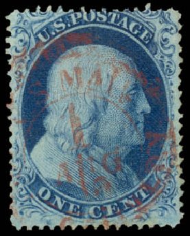 US Stamp Values Scott Cat. # 22: 1c 1857 Franklin. Daniel Kelleher Auctions, May 2014, Sale 652, Lot 91