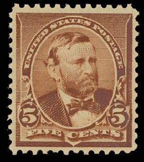 Values of US Stamp Scott Catalogue #223 - 5c 1890 Grant. Daniel Kelleher Auctions, Apr 2012, Sale 629, Lot 225