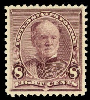 Value of US Stamps Scott Catalogue # 225 - 8c 1890 Sherman. Daniel Kelleher Auctions, Dec 2013, Sale 640, Lot 181