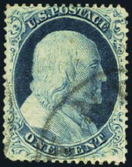 US Stamps Values Scott #23: 1857 1c Franklin. Harmer-Schau Auction Galleries, Aug 2012, Sale 94, Lot 1033