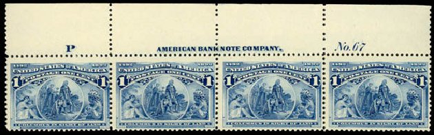 Values of US Stamp Scott Catalogue # 230 - 1c 1893 Columbian Exposition. Daniel Kelleher Auctions, Mar 2013, Sale 635, Lot 324