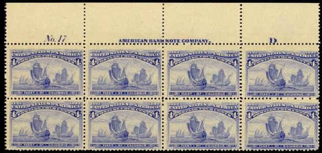 US Stamps Values Scott Cat. # 233: 1893 4c Columbian Exposition. Daniel Kelleher Auctions, Sep 2014, Sale 655, Lot 609
