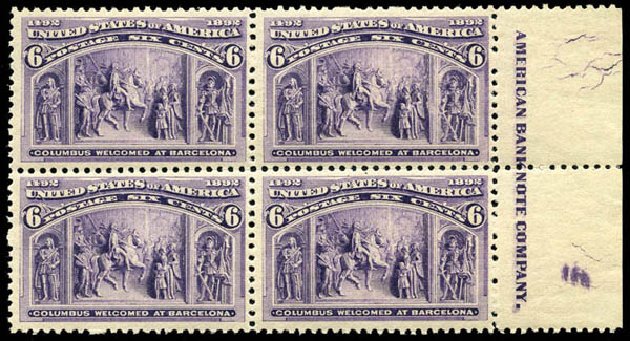 Cost of US Stamp Scott Cat. 235: 6c 1893 Columbian Exposition. Matthew Bennett International, Jun 2008, Sale 328, Lot 750