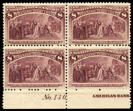 US Stamps Prices Scott Catalogue 236 - 8c 1893 Columbian Exposition. Matthew Bennett International, Jun 2008, Sale 328, Lot 751
