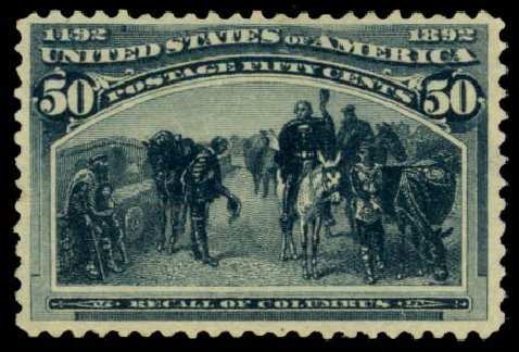 Value of US Stamp Scott Catalogue # 240 - 50c 1893 Columbian Exposition. Daniel Kelleher Auctions, Oct 2014, Sale 660, Lot 2227