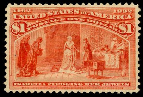 Values of US Stamps Scott Catalog #241 - 1893 US$1.00 Columbian Exposition. Daniel Kelleher Auctions, Dec 2013, Sale 640, Lot 198