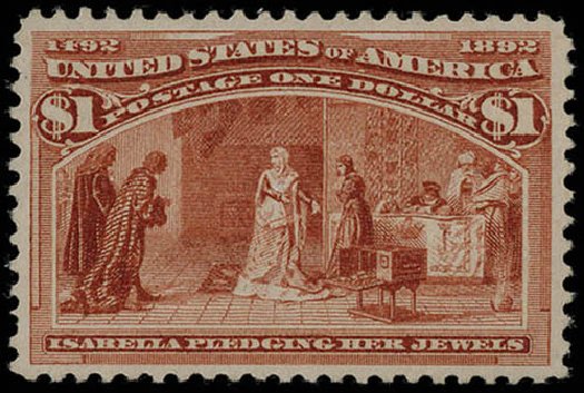 Values of US Stamp Scott Catalog #241: US$1.00 1893 Columbian Exposition. Matthew Bennett International, Jun 2008, Sale 328, Lot 763