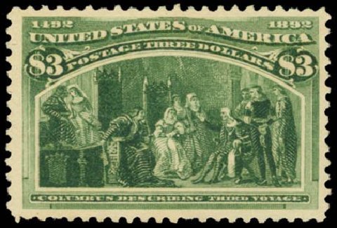 Values of US Stamp Scott Cat. #243: 1893 US$3.00 Columbian Exposition. Daniel Kelleher Auctions, May 2014, Sale 652, Lot 377