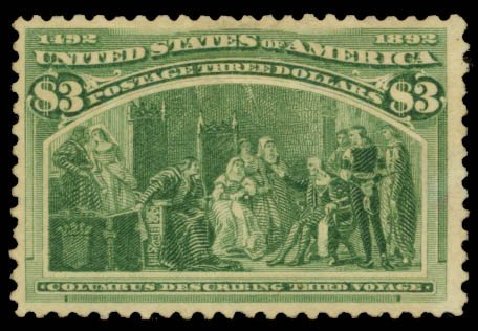 Value of US Stamp Scott Catalogue 243 - 1893 US$3.00 Columbian Exposition. Daniel Kelleher Auctions, Sep 2014, Sale 655, Lot 327