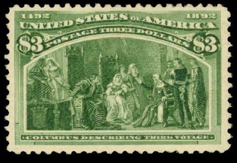 Values of US Stamps Scott Catalog #243 - US$3.00 1893 Columbian Exposition. Daniel Kelleher Auctions, Oct 2014, Sale 660, Lot 2237