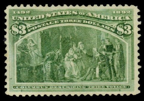 Cost of US Stamps Scott # 243: US$3.00 1893 Columbian Exposition. Daniel Kelleher Auctions, Dec 2013, Sale 640, Lot 208