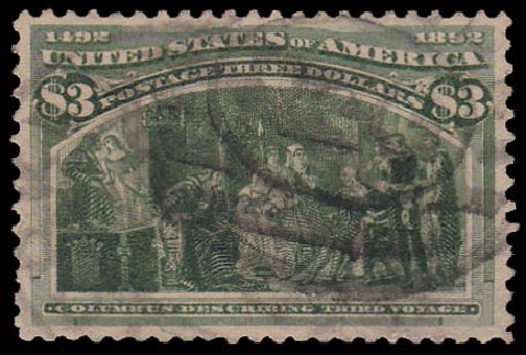 US Stamps Values Scott Cat. #243 - US$3.00 1893 Columbian Exposition. Daniel Kelleher Auctions, Jan 2015, Sale 663, Lot 1488