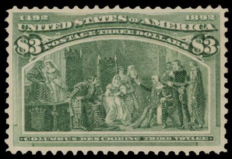 US Stamps Values Scott Catalog #243 - 1893 US$3.00 Columbian Exposition. Daniel Kelleher Auctions, May 2015, Sale 669, Lot 2748