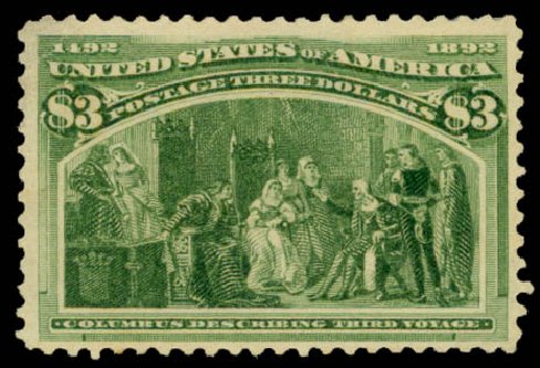 Values of US Stamps Scott Cat. # 243: US$3.00 1893 Columbian Exposition. Daniel Kelleher Auctions, Aug 2015, Sale 672, Lot 2498