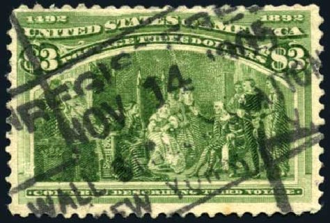 Cost of US Stamp Scott 243: US$3.00 1893 Columbian Exposition. Harmer-Schau Auction Galleries, Oct 2008, Sale 79, Lot 139