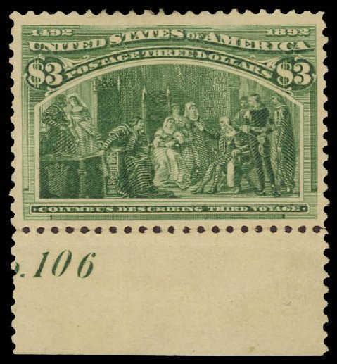 Costs of US Stamps Scott Catalog #243: US$3.00 1893 Columbian Exposition. Daniel Kelleher Auctions, Jun 2012, Sale 630, Lot 1549