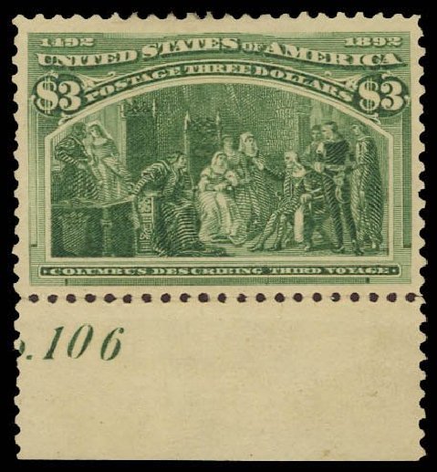 Value of US Stamp Scott # 243: 1893 US$3.00 Columbian Exposition. Daniel Kelleher Auctions, Dec 2013, Sale 640, Lot 209