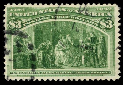 Values of US Stamps Scott Catalog #243: 1893 US$3.00 Columbian Exposition. Daniel Kelleher Auctions, Sep 2013, Sale 639, Lot 1081