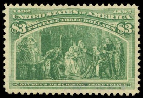 Values of US Stamps Scott Cat. # 243: US$3.00 1893 Columbian Exposition. Daniel Kelleher Auctions, Apr 2013, Sale 636, Lot 204
