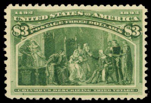 Cost of US Stamps Scott Catalogue 243: 1893 US$3.00 Columbian Exposition. Daniel Kelleher Auctions, Jan 2015, Sale 663, Lot 1483