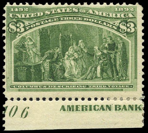 Costs of US Stamp Scott Cat. # 243 - 1893 US$3.00 Columbian Exposition. Matthew Bennett International, Mar 2011, Sale 337, Lot 2686